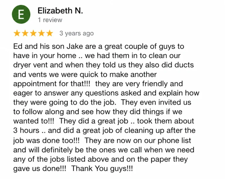 Google review from Elizabeth N. about DuctsMO air duct cleaning in Festus, Missouri